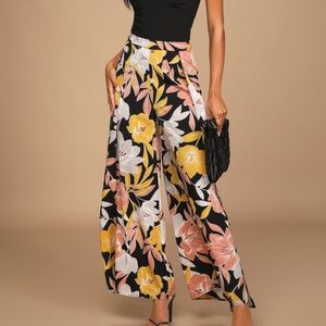 Lulus Blissful Vacay Black Floral Print Side Slit Pants - Size L